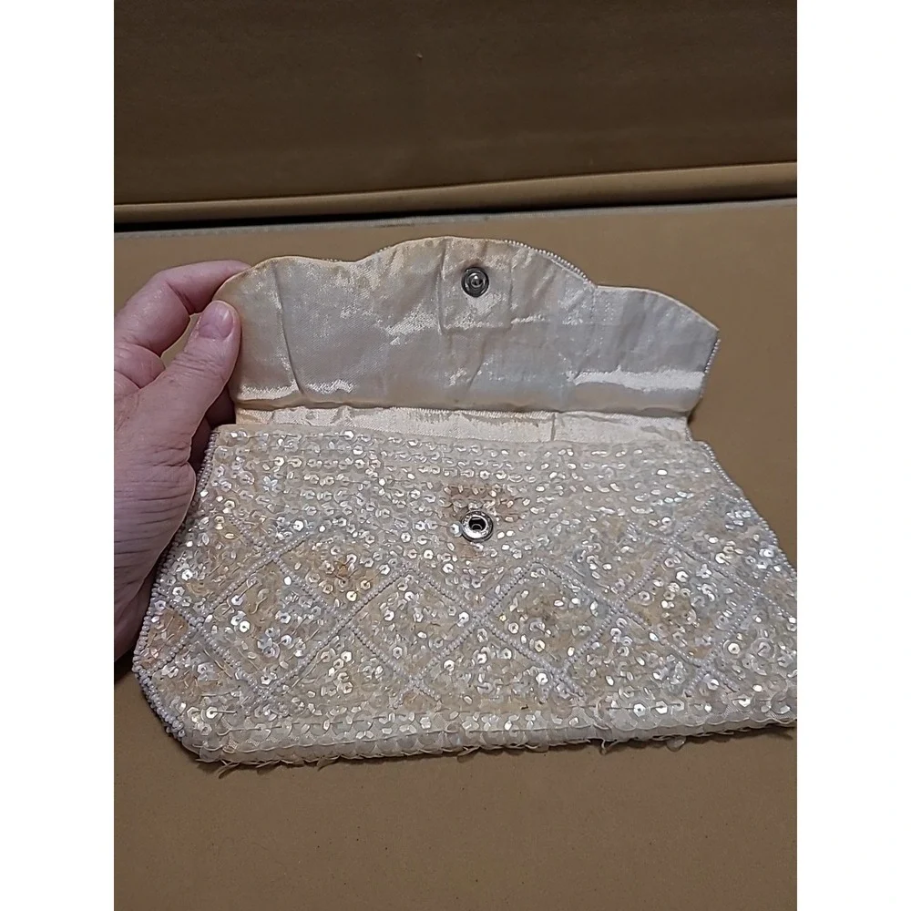 Vintage Ivory Cream Evening Bag Purse‎ Sequin Beaded Clutch 8